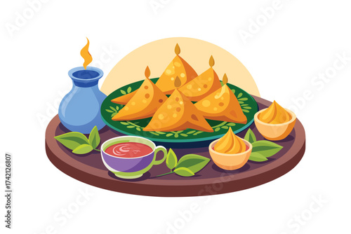 Traditional Iftar Platter with Samosas on White Background