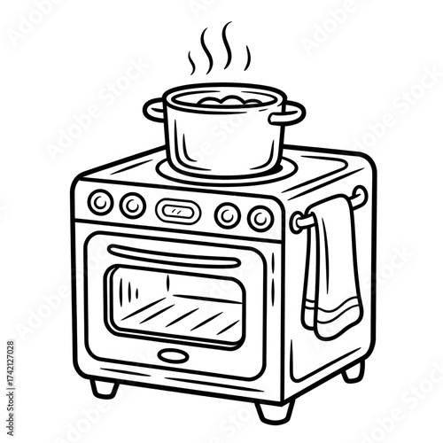 Cooking Pot on Stove Illustration, Kitchen Appliance, Home Cooking, Line Art, Culinary, Food Preparation, Stove Top, Kitchen Equipment, Cooking, Dinner