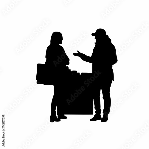 Silhouette of a woman bargaining with a shopkeeper isolated on white background