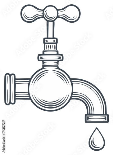 Classic water faucet with a single dripping water droplet and a traditional handle.