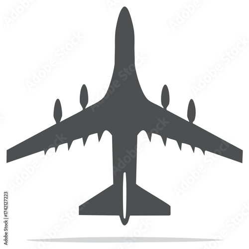 Jet aircraft silhouette with distinctive engine nacelles and serrated wing flaps graphic element