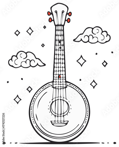 Whimsical line art illustration of a banjo with clouds and stars