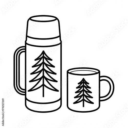 Thermos and Mug with Pine Tree Illustration, Camping, Outdoor, Hot Drink, Line Art, Nature, Travel, Picnic, Adventure