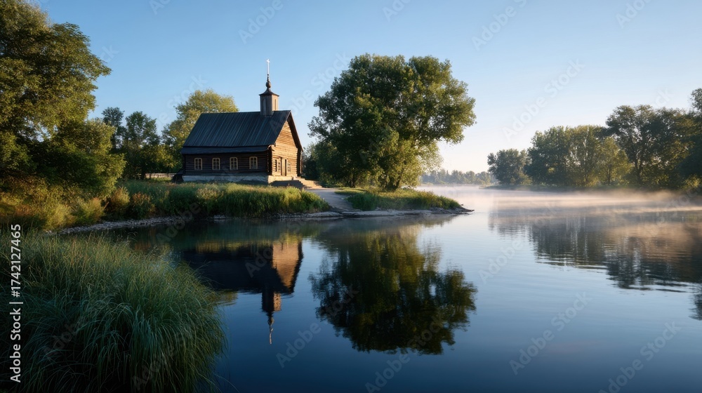 Obraz premium Old Wooden Church Reflecting Calm River Dawn