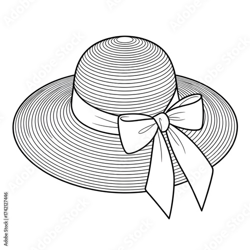 Straw Hat with Ribbon Illustration, Fashion Accessory, Summer Hat, Sun Protection, Line Art, Fashion, Beachwear, Elegant, Headwear, Women’s Hat