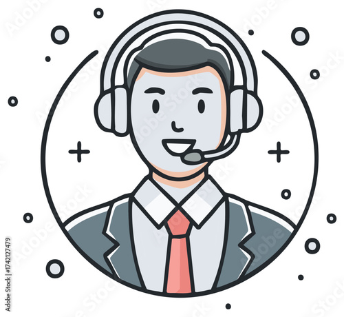Smiling customer support agent with headset icon providing assistance and communication