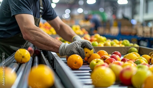 Fruits like peaches, lemons, oranges and apples being sorted on a conveyor belt by worker wearing gloves in a food processing plant, close up.