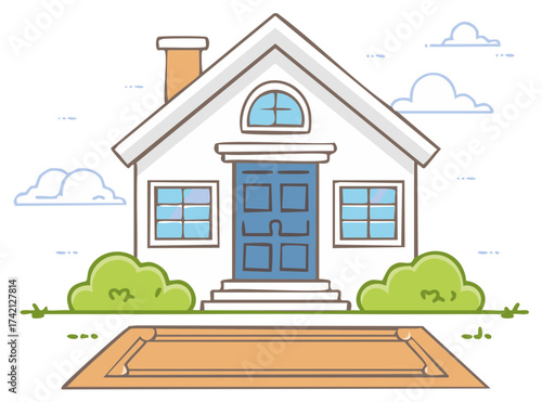 Cute House Facade with Blue Door and Green Bushes in the Yard, Sunny Day