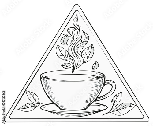 Artistic teacup illustration with steaming tea leaves inside a geometric triangle frame
