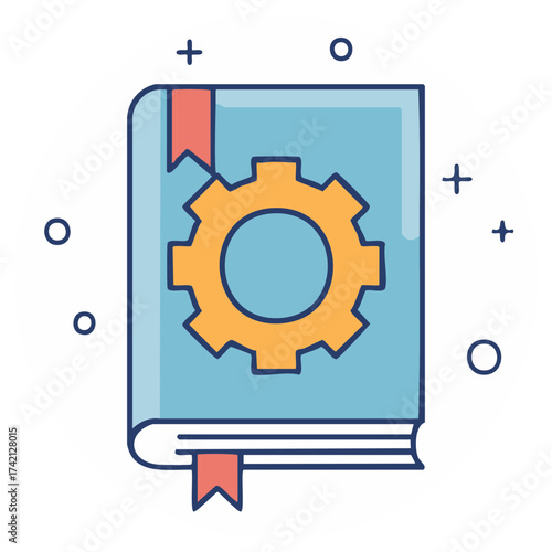 Technical manual book with gear icon for user guide and settings