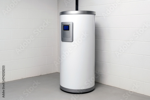 Modern cylindrical water heater in white utility basement.