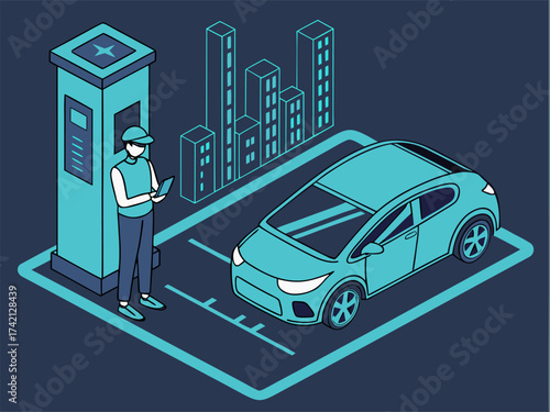 EV car charging stop illustration, out-of-town eco station using clean energy, isometric isolated vector zero emission concept.
