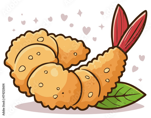 Cute cartoon illustration of a crispy shrimp tempura, a Japanese food appetizer with hearts.