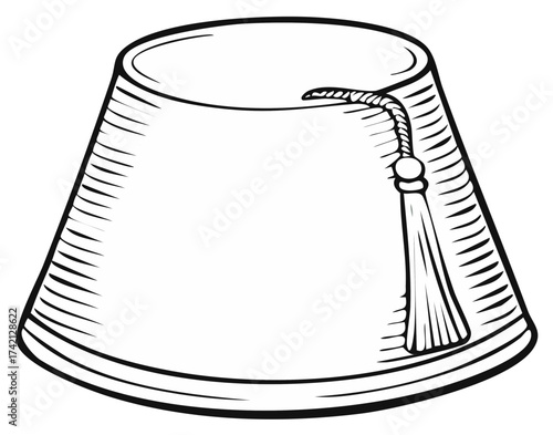 Traditional Fez hat with tassel line art drawing in a monochrome style