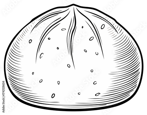 Steamed Bao Bun Illustration, Asian Cuisine Engraving, Isolated B&W Food Clipart, Dim Sum Drawing, Chinese Bun Dumpling