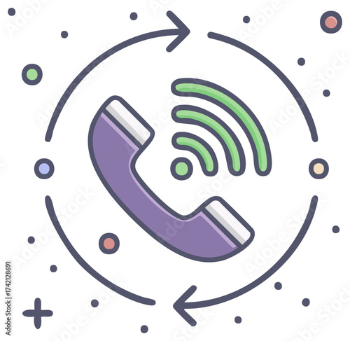 Communication icon with telephone receiver and wireless signal in circular motion
