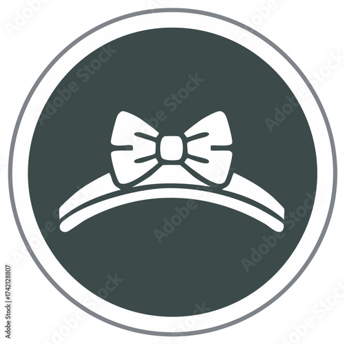 Elegant tiara symbol with a bow in minimalist vector style displayed in a gray circle, royalty and festive accessory graphic
