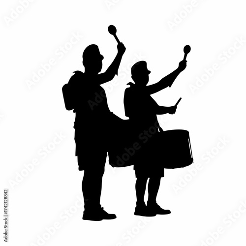 Silhouette of musicians playing drums at a street festival isolated on white background