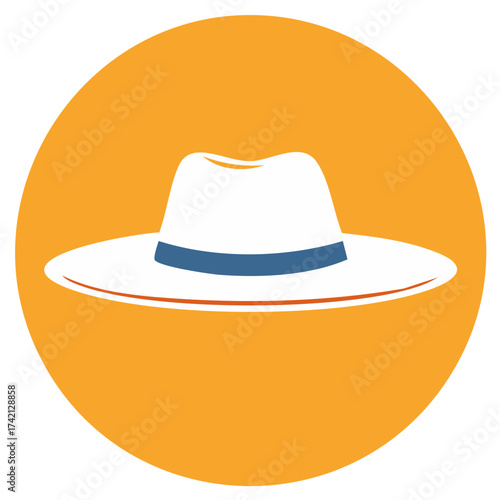 Classic white fedora summer sun hat icon with blue band on a round orange background