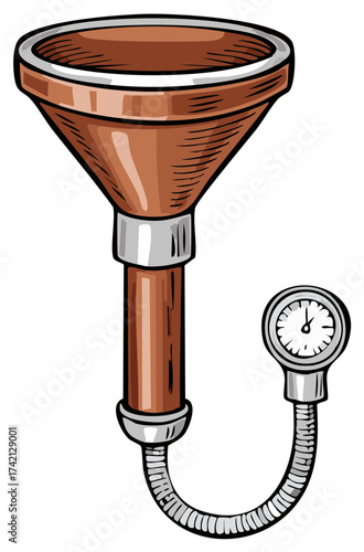 Illustrated steampunk device with copper funnel, gauge, and connected tubing