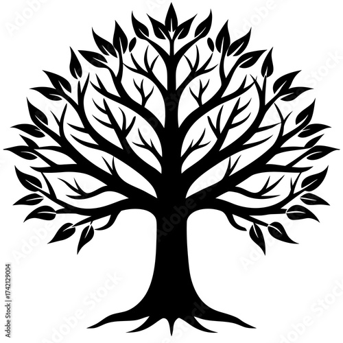 Stylized black silhouette of a flourishing tree with detailed branches and leaves
