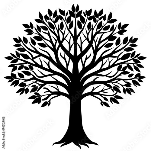 Stylized black silhouette of a mature deciduous tree with a full canopy of leaves and visible roots against a white background