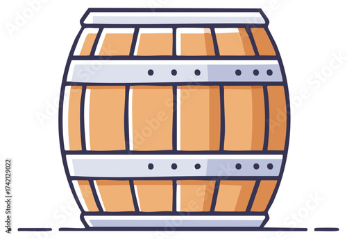 Classic wooden barrel illustration with metal hoops for wine, beer, or whiskey