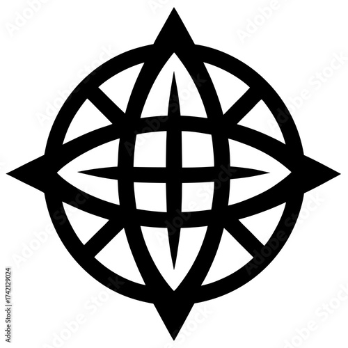 Abstract globe symbol with compass points representing global navigation and exploration