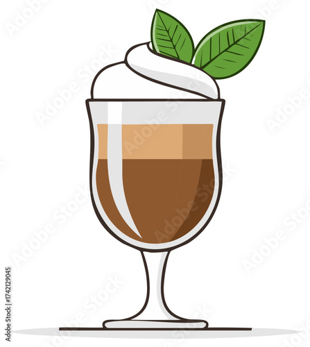 Layered Coffee Drink with Whipped Cream and Mint Leaves in a Tall Glass