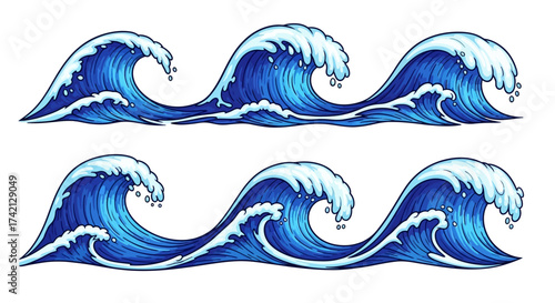 Blue ocean waves illustration set on white background.