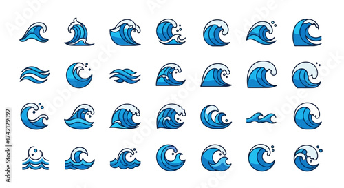 Collection of blue wave icons in various styles and designs.