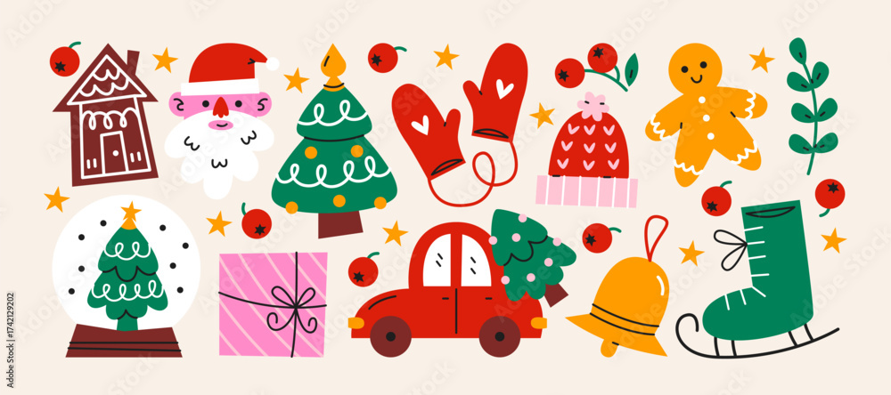 Fototapeta premium Christmas stickers in retro cartoon style. Holiday new year elements: gifts, candy canes, wreaths. Snowman, reindeer, car with presents, festive sweets. Illustration in retro cartoon style