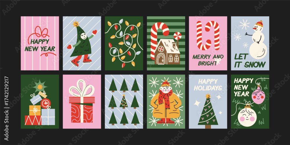 Naklejka premium Christmas new year posters in cartoon style. Holiday gifts, santa, christmas tree, coziness. Holiday seasonal vector postcards in retro groovy style. picture for wall and for printing 