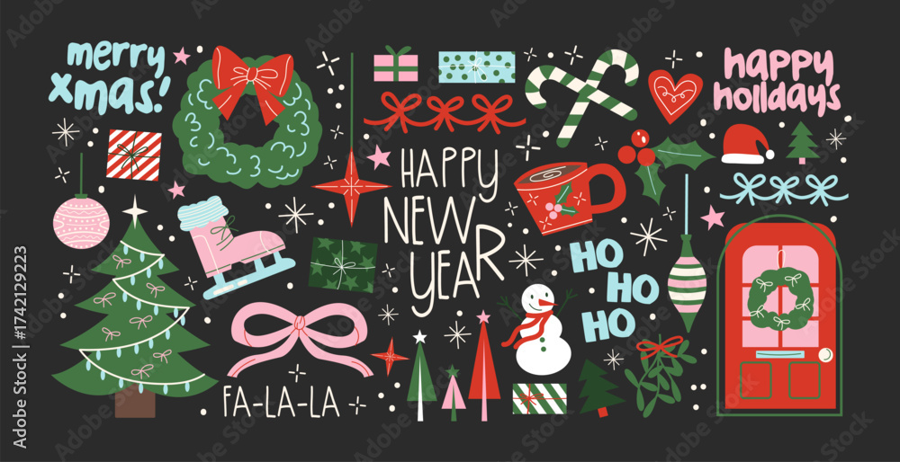 Naklejka premium Christmas stickers in retro cartoon style. Holiday new year elements: gifts, candy canes, wreaths. Snowman, reindeer, car with presents, festive sweets. Illustration in retro cartoon style