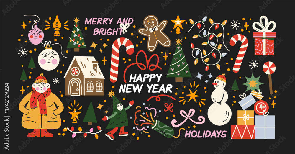 Naklejka premium Christmas stickers in retro cartoon style. Holiday new year elements: gifts, candy canes, wreaths. Snowman, reindeer, car with presents, festive sweets. Illustration in retro cartoon style