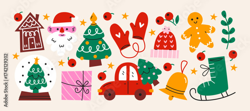 Christmas stickers in retro cartoon style. Holiday new year elements: gifts, candy canes, wreaths. Snowman, reindeer, car with presents, festive sweets. Illustration in retro cartoon style