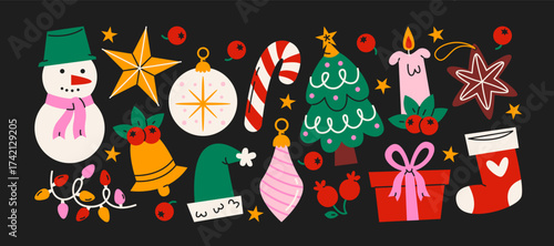 Christmas stickers in retro cartoon style. Holiday new year elements: gifts, candy canes, wreaths. Snowman, reindeer, car with presents, festive sweets. Illustration in retro cartoon style