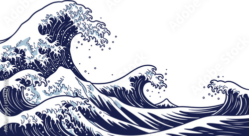 Large ocean wave illustration in dark blue on white background.