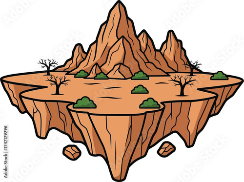 Cartoon illustration of a floating island with desert landscape editable stock