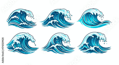 Six different ocean wave illustrations in various shades of blue.