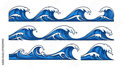 Set of three ocean wave illustrations in blue and white.