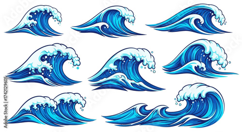 Collection of blue ocean wave illustrations in various styles.