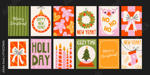 Christmas new year posters in cartoon style. Holiday gifts, santa, christmas tree, coziness. Holiday seasonal vector postcards in retro groovy style. picture for wall and for printing	