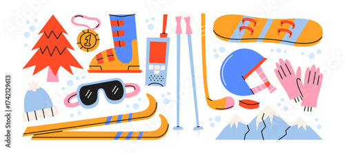 Winter sports and skiing equipment in retro cartoon. Gear: skis, snowboard, helmet, gloves, goggles, poles, boots. Seasonal mountain set for alpine sport design, holiday activities and adventure
