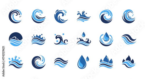 Collection of Blue Water Wave Icons and Splash Elements Representing Fluidity and Nature