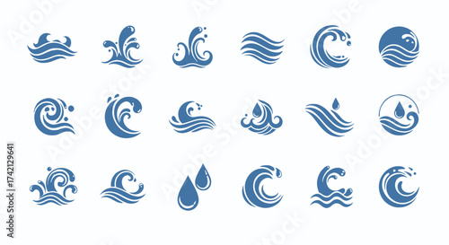 Collection of blue wave and water droplet icons in various styles.
