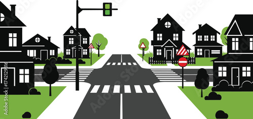 Illustration of a suburban street with houses and traffic signs editable stock