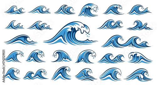Collection of various blue ocean wave graphics.