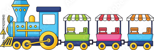 Cartoon illustration of a colorful train with passenger cars editable stock