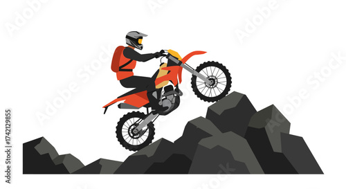 Orange Dirt Bike Rider Climbing Rocky Terrain Illustration.